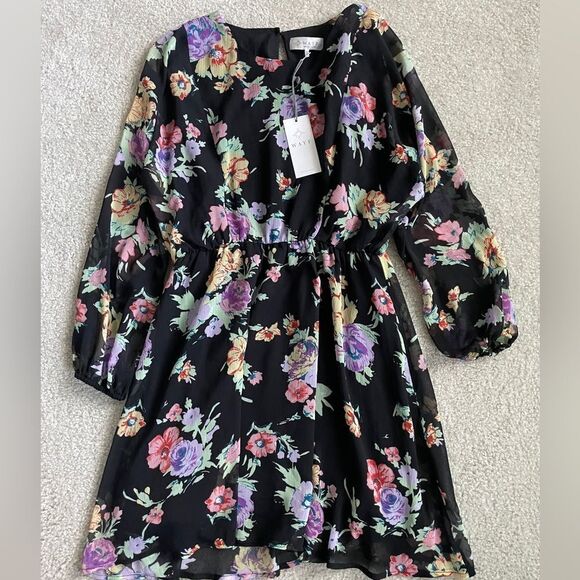 WAYF Dolman Long Sleeve Blouson Mini Chiffon Floral Dress - Picture 1 of 3
